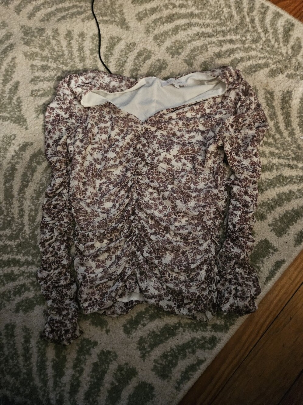 Floral Ruched Long-Sleeve Blouse in Cream and Brown